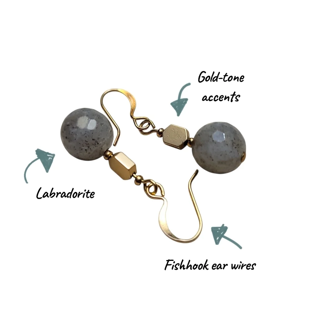 Handmade Labradorite Faceted Bead Dangle Earrings Gold Tone Hooks ~ 1.25